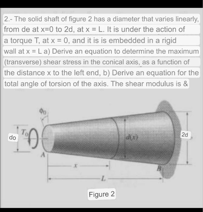 2.- The solid shaft of figure 2 has a diameter that varies linearly, from de at \( x=0 \) to \( 2 d \), at \( x=L \). It is u