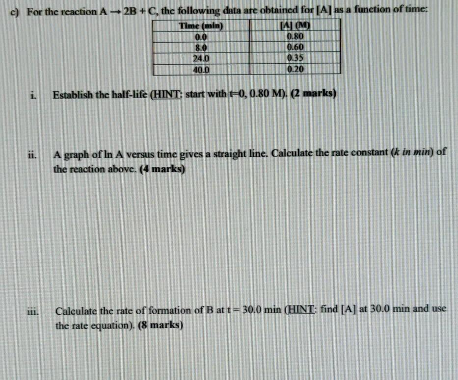 Solved c) For the reaction A-2B+C, the following data are | Chegg.com