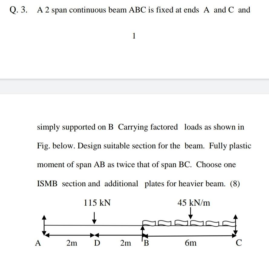 Solved Q. 3. A 2 span continuous beam ABC is fixed at ends A | Chegg.com