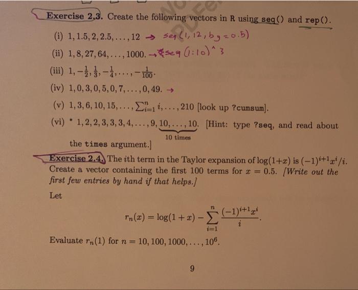 Solved . Exercise 2.3. Create the following vectors in R | Chegg.com