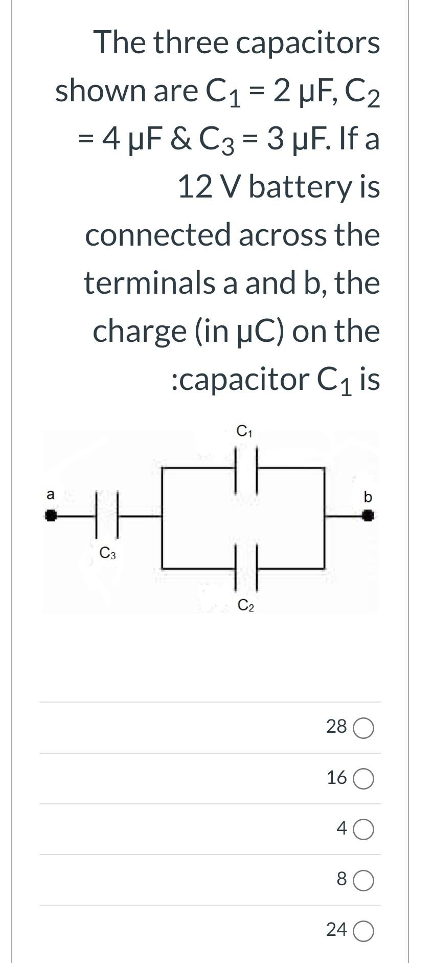 Solved = The three capacitors shown are C1 = 2 uF, C2 4uF &