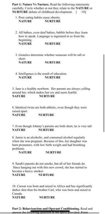 Solved Part 1: Nature Vs Nurture. Read The Following | Chegg.com