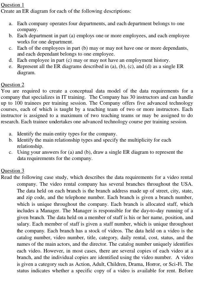 Solved Create an ERD for each of the following descriptions.