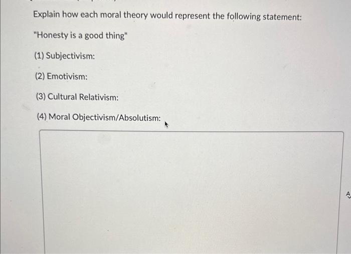 Explain How Each Moral Theory Would Represent The | Chegg.com