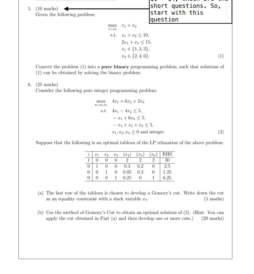 Solved 5. (10 marks) Given the following problem: short | Chegg.com