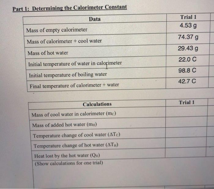 Solved Part 1 Determining the Calorimeter Constant Data