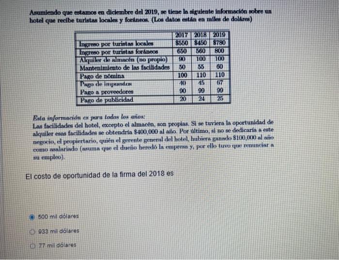 Asumiendo que estamos en diciembre del 2019, se tiene la siguiente información sobre un hotel que necibe turistas locales y f