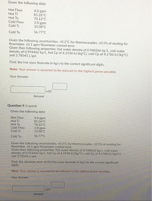 Solved Given The Following Data: Hot Flow 4.0 Pm Hot Ti | Chegg.com