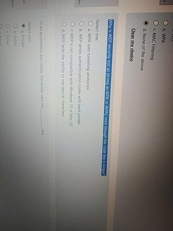 Solved B Wpa O C Mac Filtering O D None Of The Above C Chegg Com