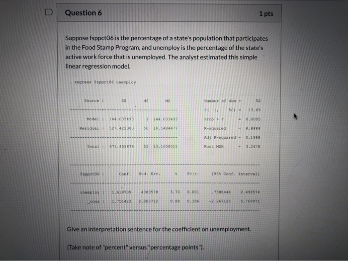 Solved D Question 6 1 pts Suppose fsppct06 is the percentage | Chegg.com
