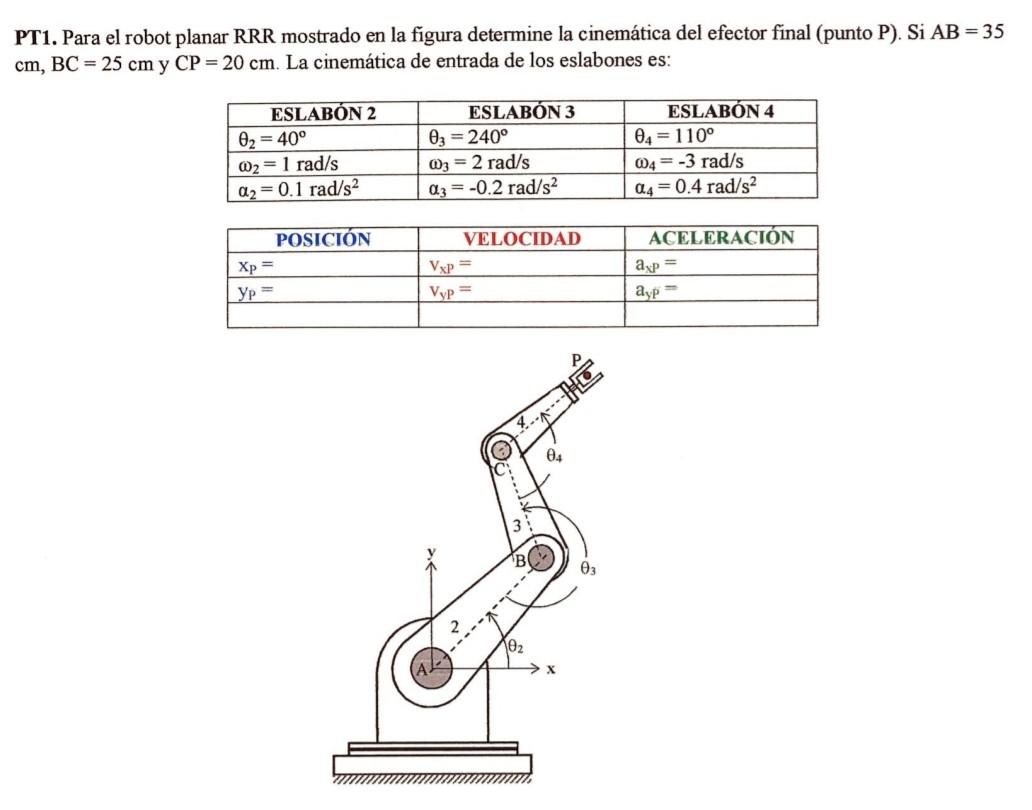 PT1. Para el robot planar RRR mostrado en la figura determine la cinemática del efector final (punto P). Si \( \mathrm{AB}=35