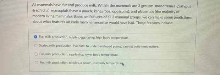 Solved All mammals have fur and produce milk. Within the | Chegg.com