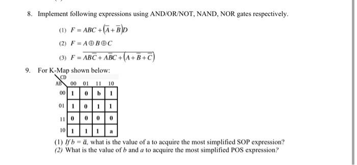 8. Implement following expressions using AND/OR/NOT, NAND, NOR gates respectively.
(1) \( F=A B C+(\bar{A}+\bar{B}) D \)
(2) 