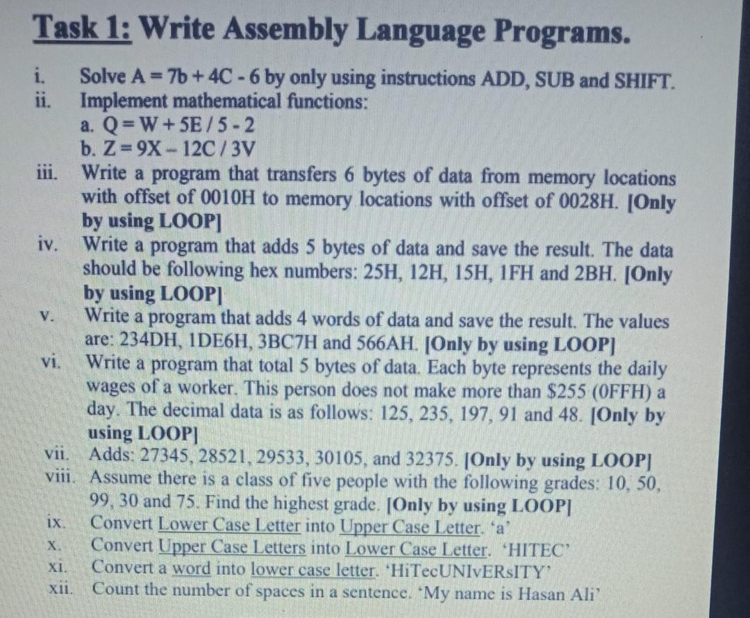 Task 1: Write Assembly Language Programs. i. Solve A | Chegg.com