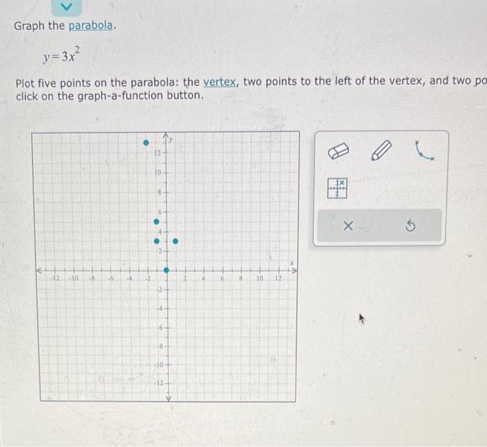 Graph the parabola.
\[
y=3 x^{2}
\]
Plot five points on the parabola: the vertex, two points to the left of the vertex, and t