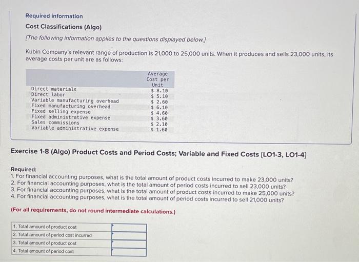 Solved Required information Cost Classifications (Algo) [The | Chegg.com