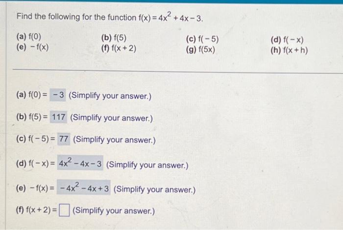 Solved Find The Following For The Function F X 4x2 4x−3 A