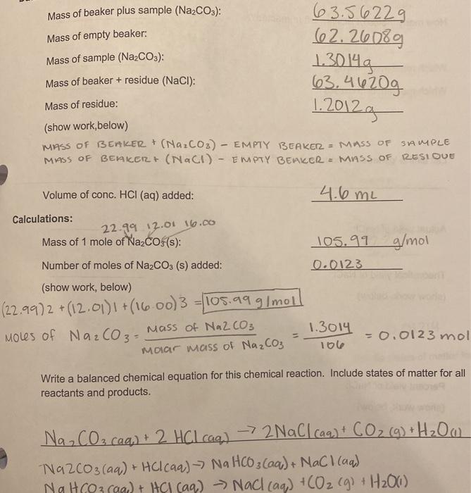 Solved FORMATION OF SODIUM CHLORIDE How many moles of HCl | Chegg.com