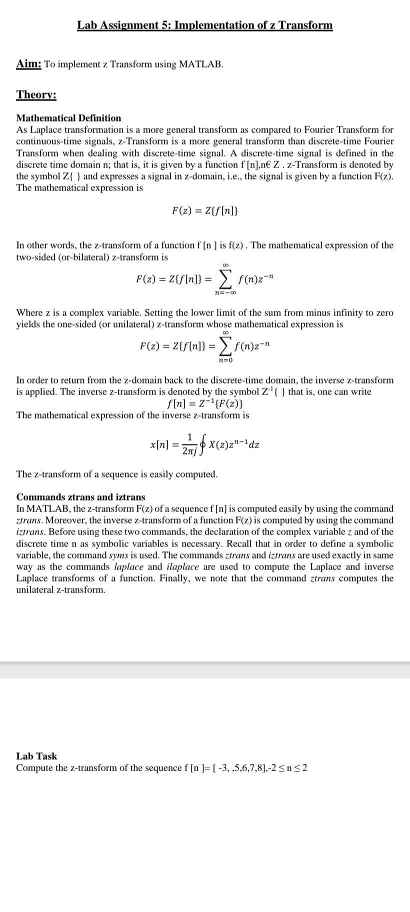Solved Lab Assignment 5: Implementation of z Transform Aim: | Chegg.com