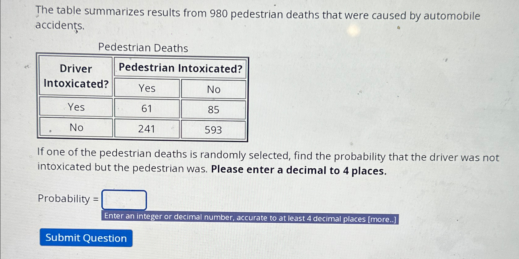 Solved The table summarizes results from 980 ﻿pedestrian | Chegg.com