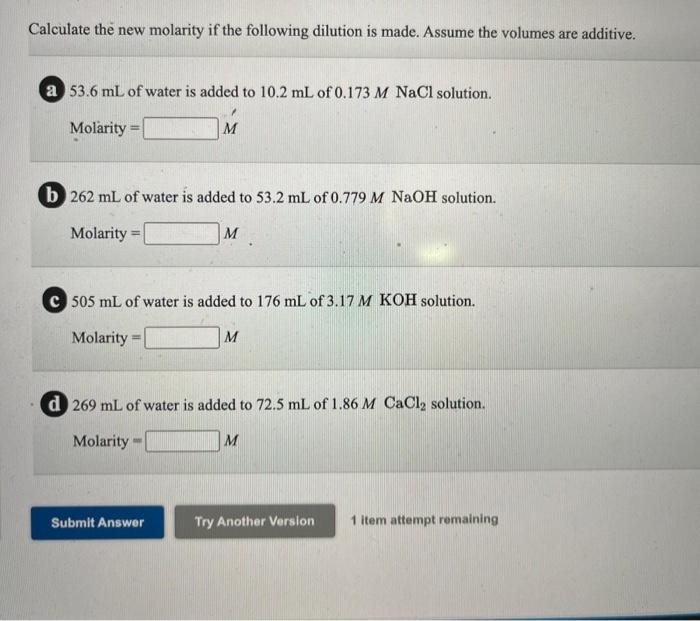 Solved Calculate the new molarity if the following dilution | Chegg.com