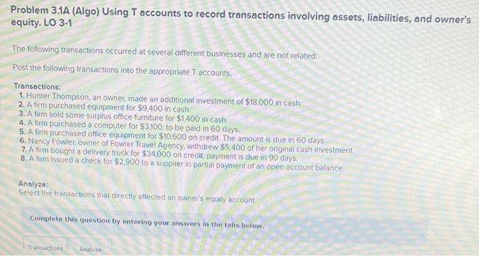 Solved Problem 3.1A (Algo) Using T Accounts To Record | Chegg.com