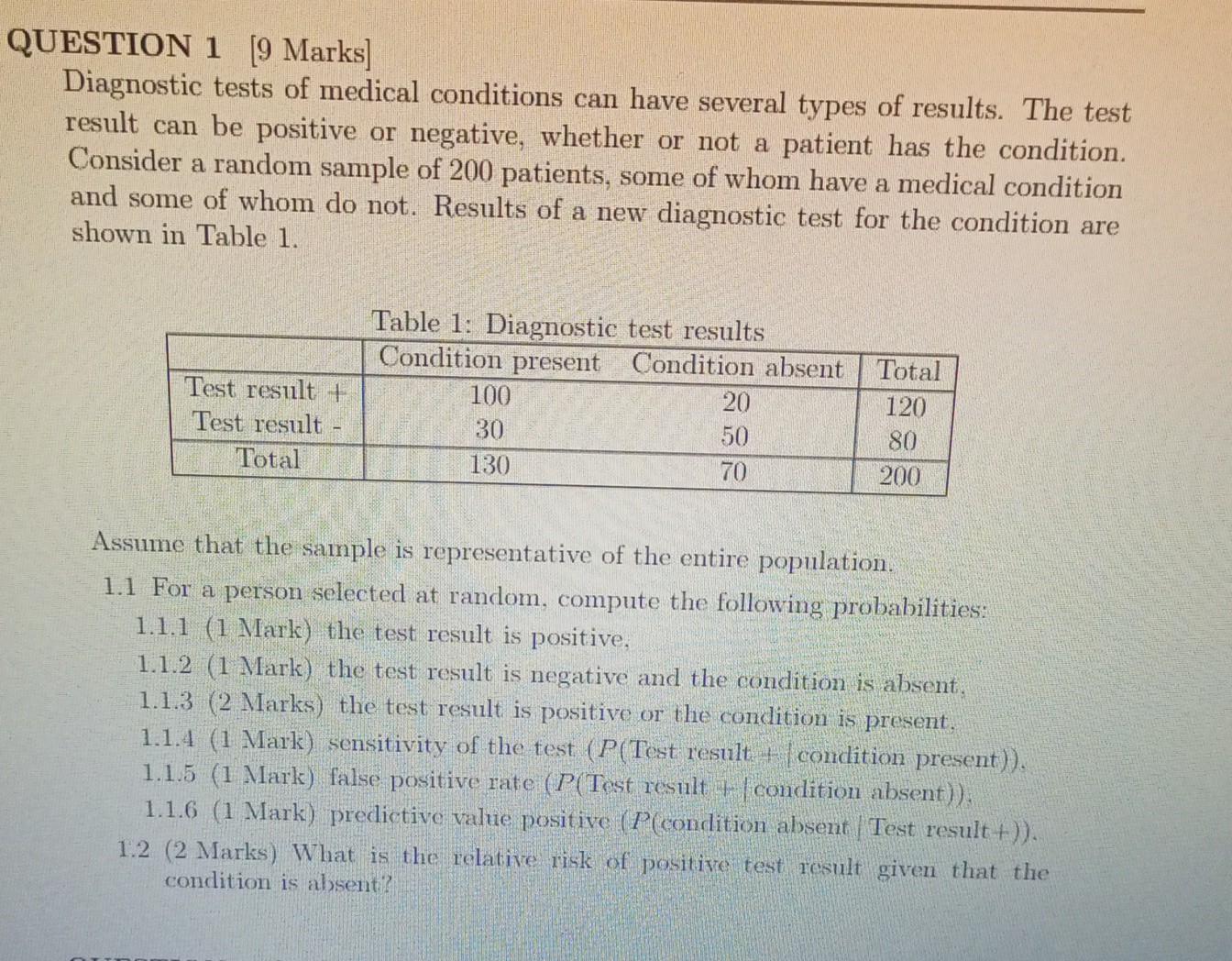Solved QUESTION 1 [9 Marks] Diagnostic tests of medical