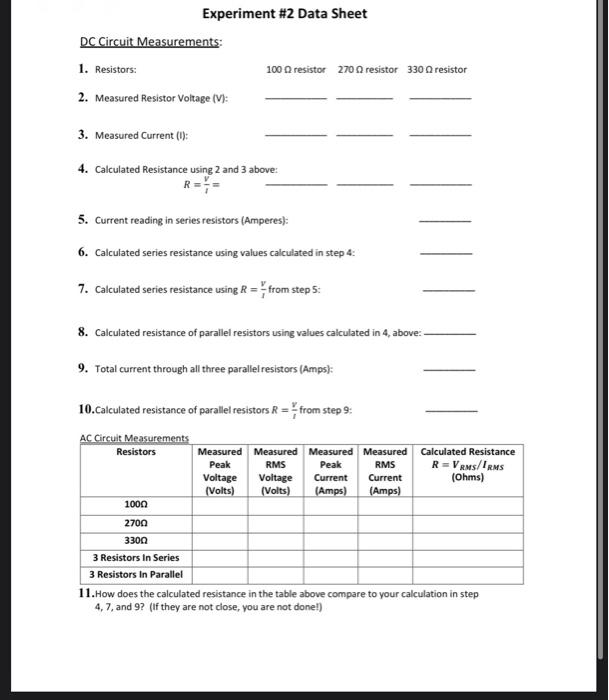 Solved Experiment #2 Data Sheet DC Circuit Measurements: 1. | Chegg.com