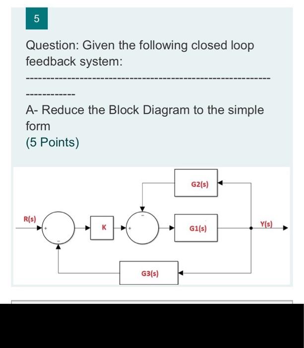 Solved 5 Question: Given the following closed loop feedback | Chegg.com