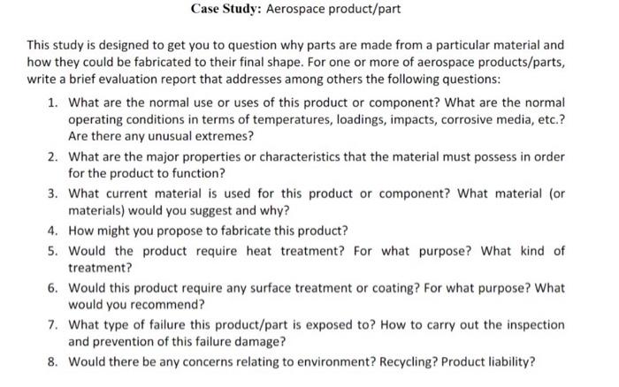 Solved Case Study: Aerospace product/part This study is | Chegg.com