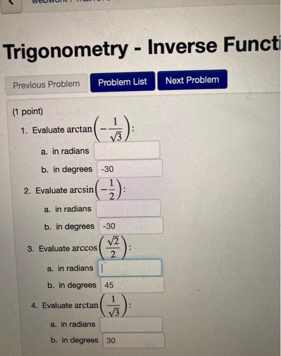 Solved Trigonometry - Inverse Functi Previous Problem | Chegg.com