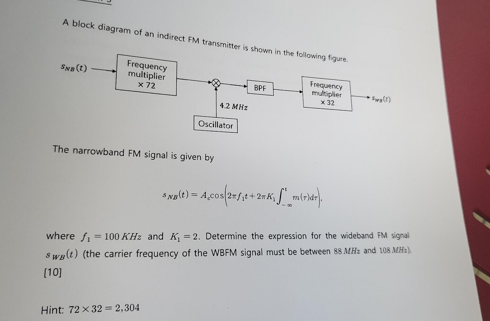 Solved A block diagram of an indirect FM transmitter is