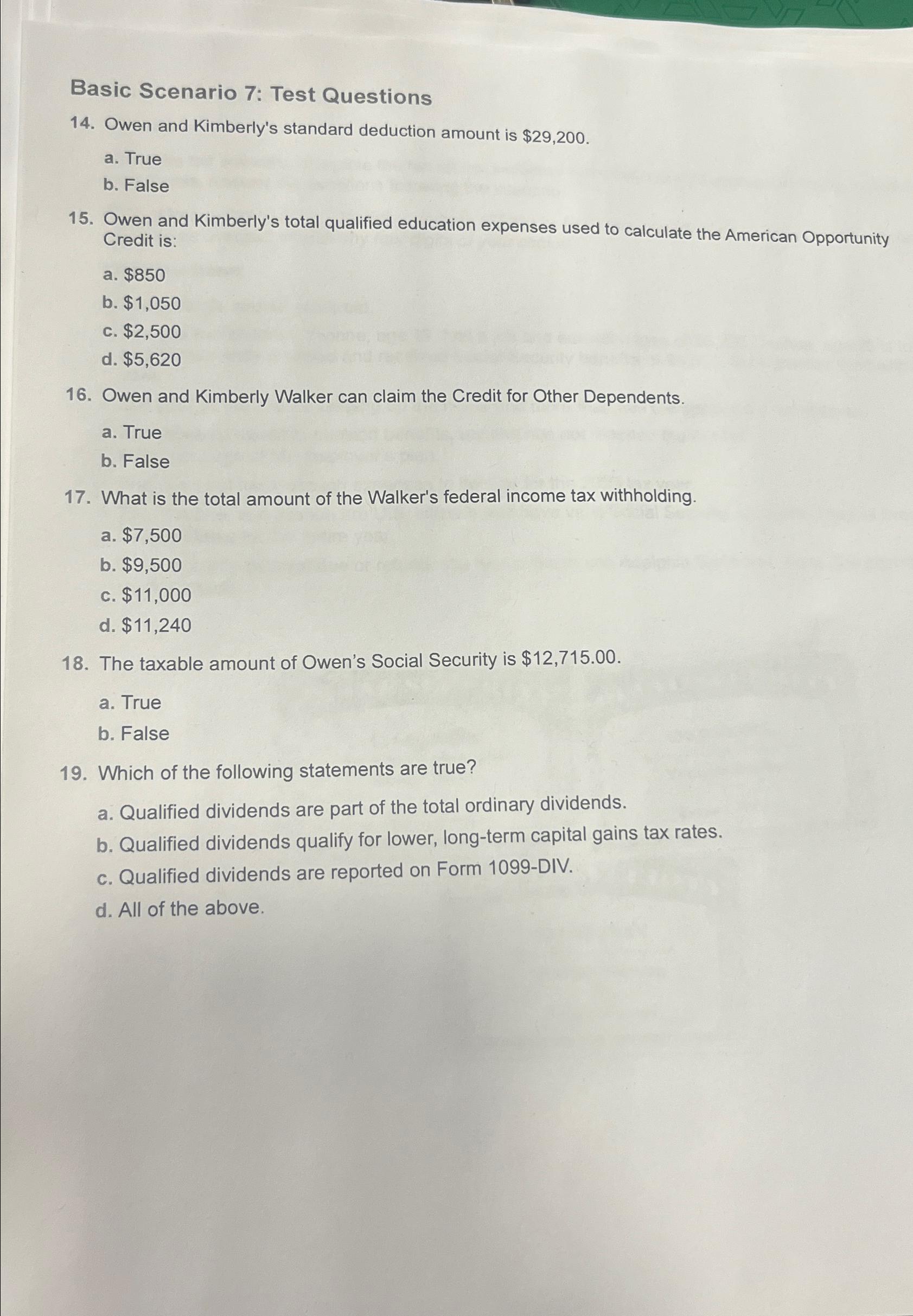 Solved Basic Scenario 7: Test Questions14. ﻿Owen and | Chegg.com