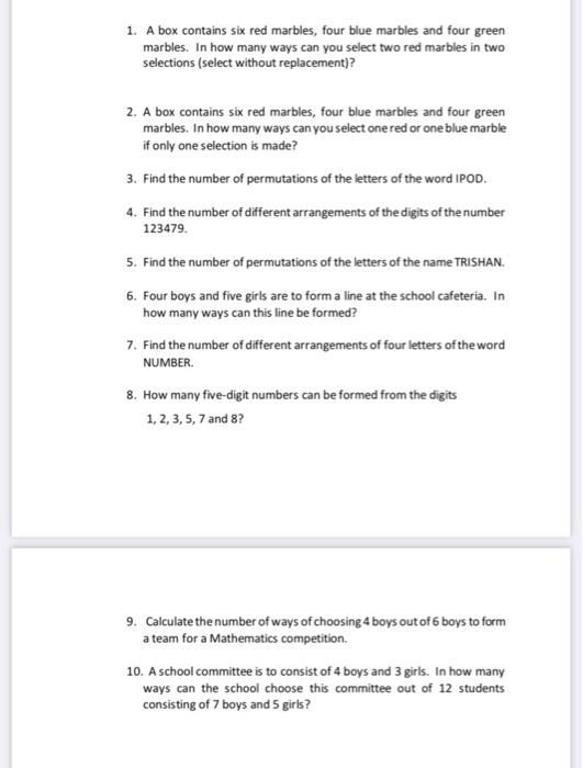 Solved 1. A box contains six red marbles, four blue marbles