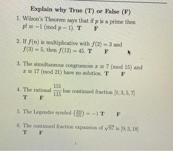 Solved Explain why True (T) or False (F) 1. Wilson's Theorem | Chegg.com