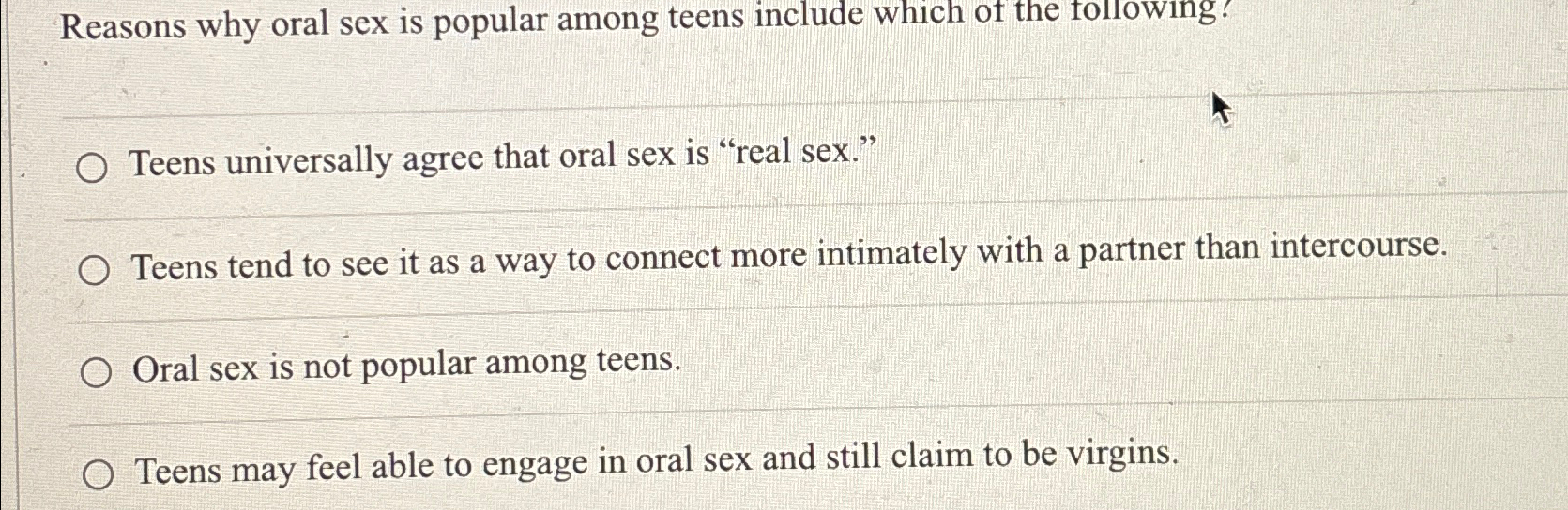 Solved Reasons why oral sex is popular among teens include | Chegg.com