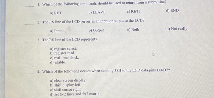 Solved 1. Which of the following commands should be used to | Chegg.com