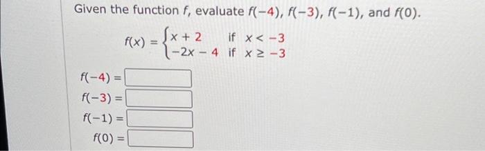 Solved Given the function f, evaluate f(-4), f(-3), f(-1), | Chegg.com