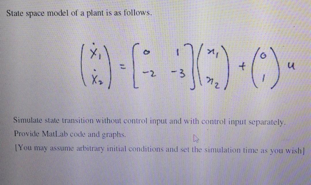 Solved State space model of a plant is as follows. (-6:00 u | Chegg.com