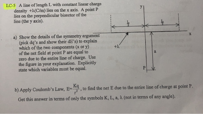 Solved Lc 5 A Line Of Length L With Constant Linear Charg Chegg Com