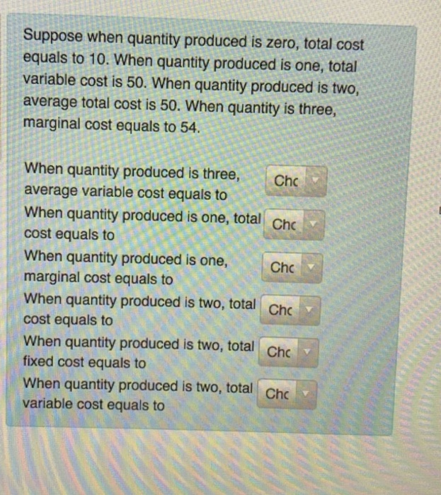 Solved Suppose when quantity produced is zero, total cost