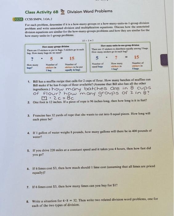 Solved Class Activity 6B Division Word Problems CCSS CCSS | Chegg.com