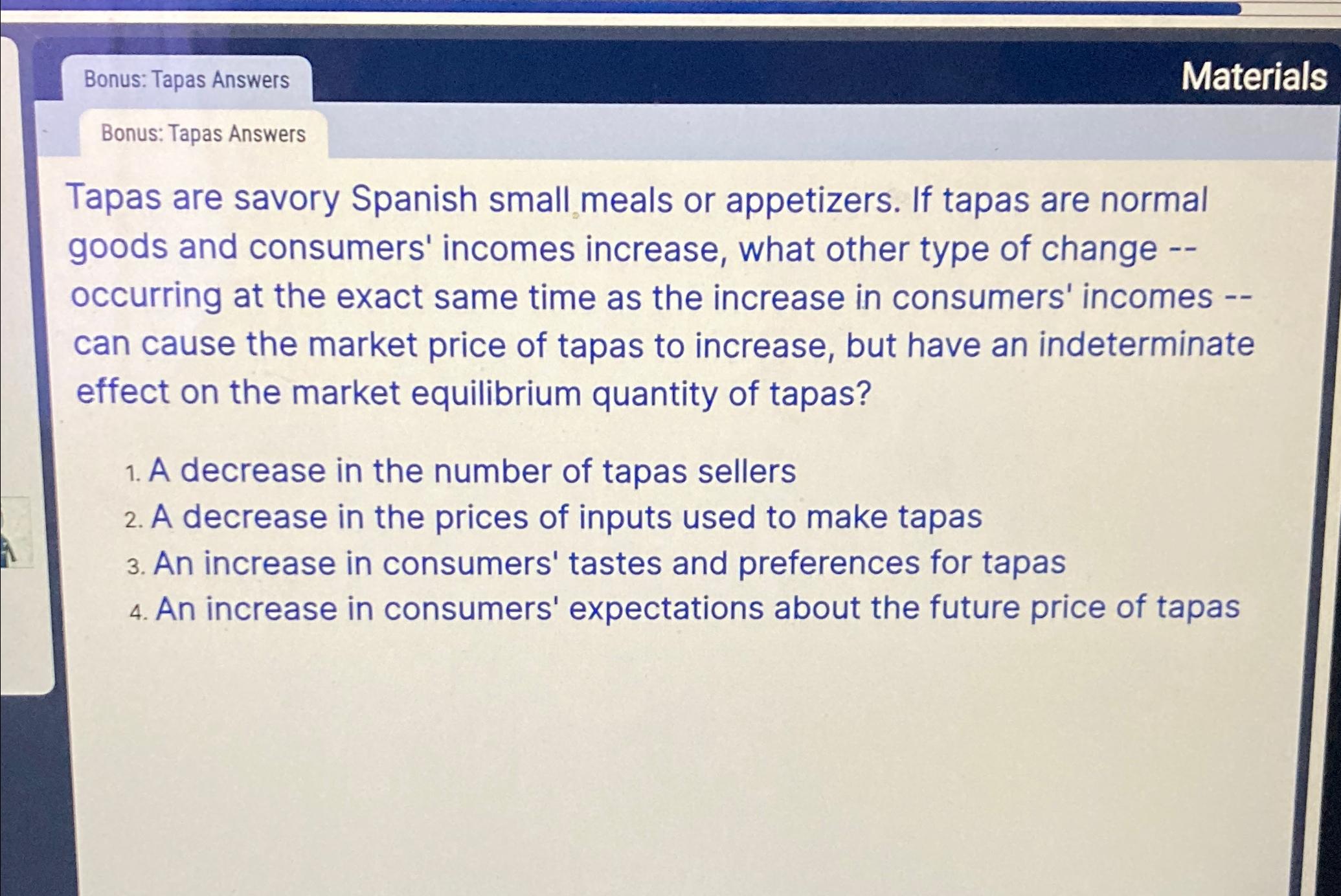 Solved Bonus: Tapas AnswersMaterialsBonus: Tapas | Chegg.com