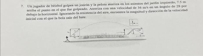 Un jugador de béisbol golpea un jonrón y la pelota aterriza en los asientos del jardin izquierdo, \( 7.5 \mathrm{~m} \) arrib