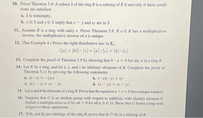 Solved 10. Prove Theorem 5.4: A subset S of the ring R is a | Chegg.com