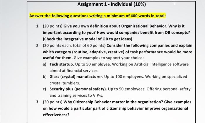 Solved Assignment 1 - Individual (10%) Answer the following