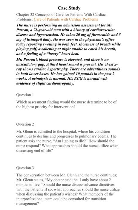 Solved Case Study Chapter 32 Concepts Of Care For Patients | Chegg.com