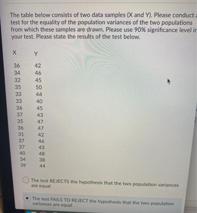 Solved The table below consists of two data samples (X and | Chegg.com