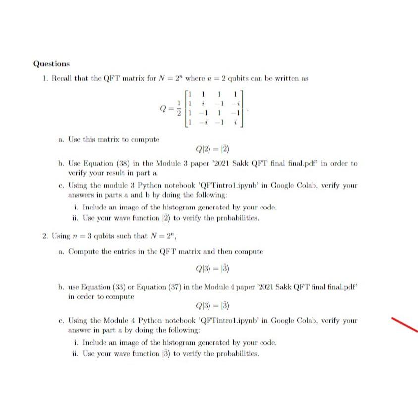 Solved Questionsrecall That The Qft Matrix For N2n ﻿where