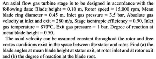 Solved An axial flow gas turbine stage is to be designed in | Chegg.com